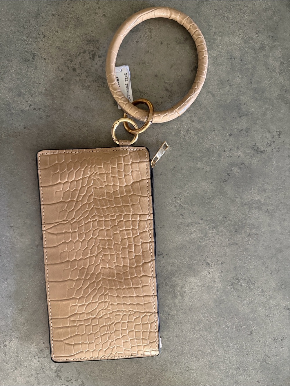 Beige Croc-Texture Wristlet Wallet with Gold Hardware